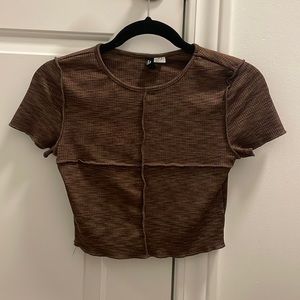 Divided (H&M) Brown Serger Stitching/Sewing Cropped Fitted Shirt